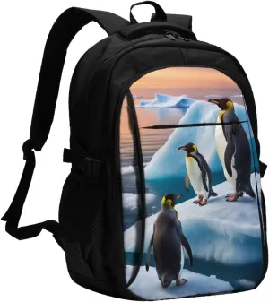 Penguins On The Iceberg Printed Backpack,Travel Laptop Backpack for Men Women with USB Charger Port