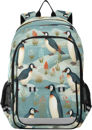 Penguins Plants Pond Backpack Kids School Bag Lightweight Laptop Backpack Elementary Capacity Student Bookbags for Travel Daypack with Reflective Stripes