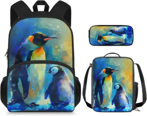 Penguins Print Backpack with Lunch Box Kids Girls 5-10 Years Old Hand Carry Lunch Tote Bag for Children Portable Casual Messenger Bag for School Picnic Vacation Climbing