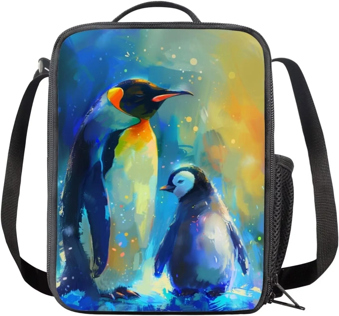 Penguins Print Backpack with Lunch Box Kids Girls 5-10 Years Old Hand Carry Lunch Tote Bag for Children Portable Casual Messenger Bag for School Picnic Vacation Climbing