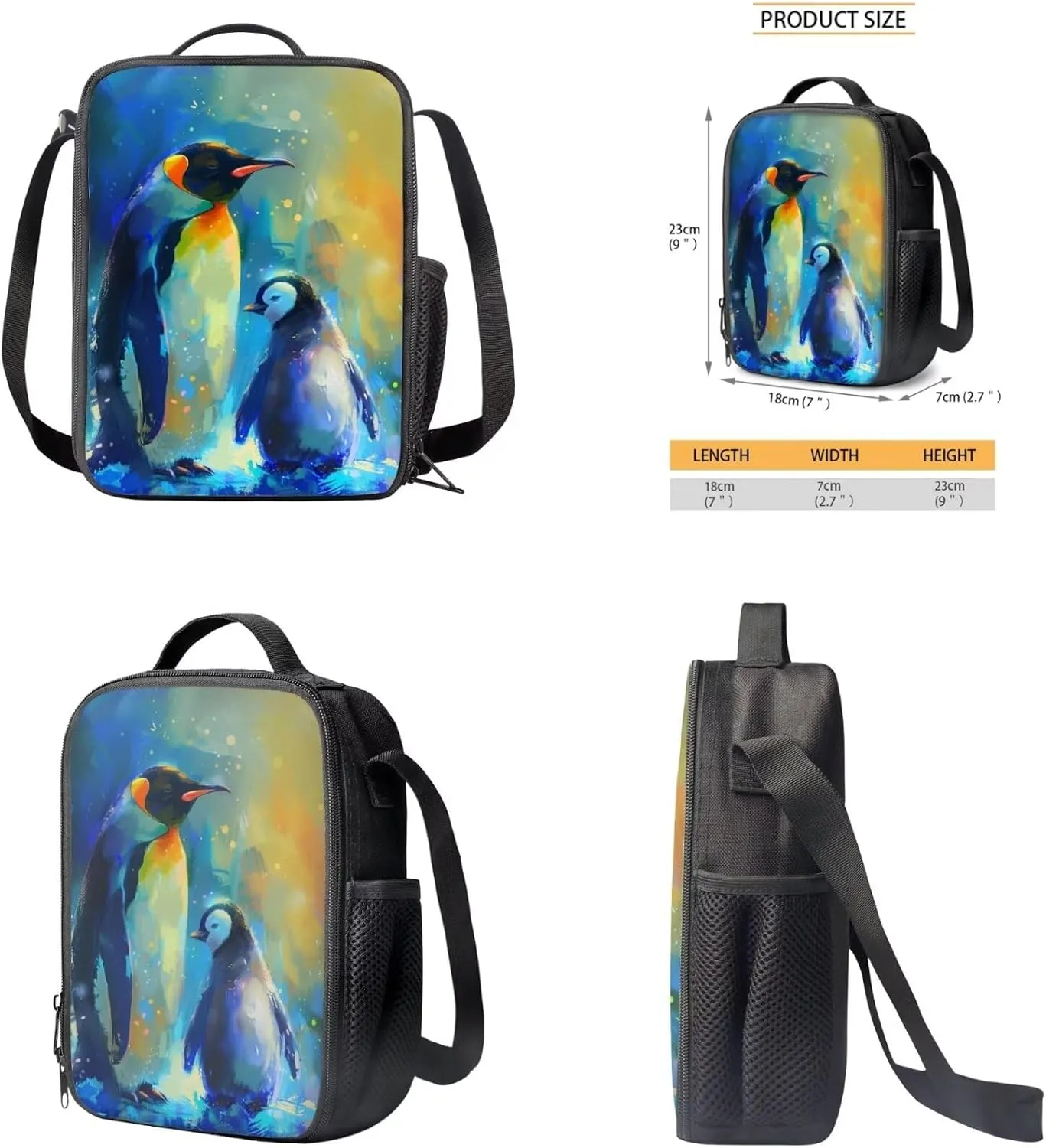 Penguins Print Backpack with Lunch Box Kids Girls 5-10 Years Old Hand Carry Lunch Tote Bag for Children Portable Casual Messenger Bag for School Picnic Vacation Climbing