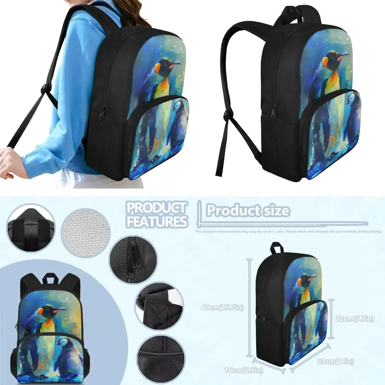 Penguins Print Backpack with Lunch Box Kids Girls 5-10 Years Old Hand Carry Lunch Tote Bag for Children Portable Casual Messenger Bag for School Picnic Vacation Climbing