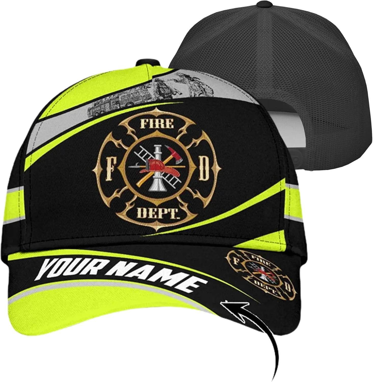 Personalise Firefighter Badge and Flame Pattern Truckers Hats with Mesh Back Summer Firefighter Meshback Cap Gift for Men
