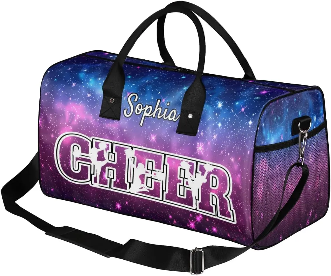 Personalized Cheer Bags for Cheerleaders, Custom Name Sport Duffel Bag Gym Bag Travel Duffle Bag Overnight Weekender Bag Colorful Starry Sky