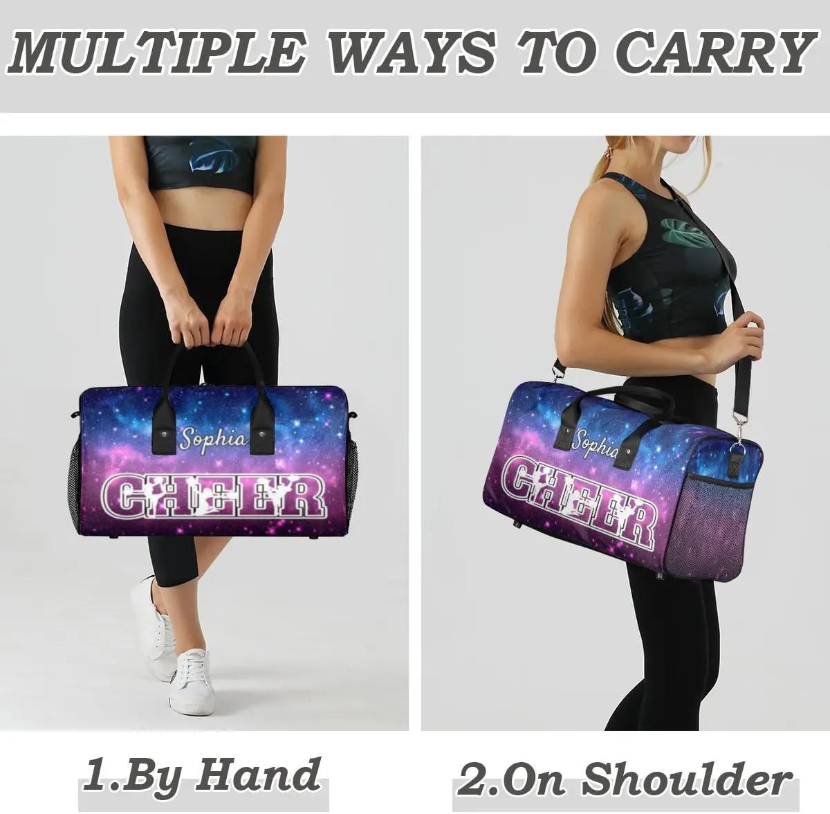 Personalized Cheer Bags for Cheerleaders, Custom Name Sport Duffel Bag Gym Bag Travel Duffle Bag Overnight Weekender Bag Colorful Starry Sky
