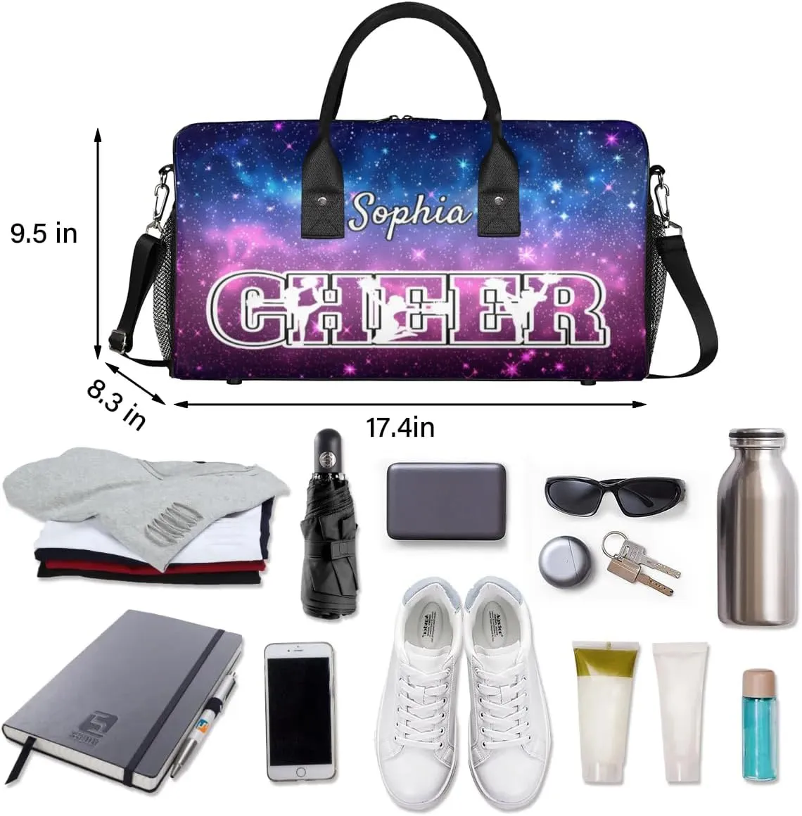 Personalized Cheer Bags for Cheerleaders, Custom Name Sport Duffel Bag Gym Bag Travel Duffle Bag Overnight Weekender Bag Colorful Starry Sky