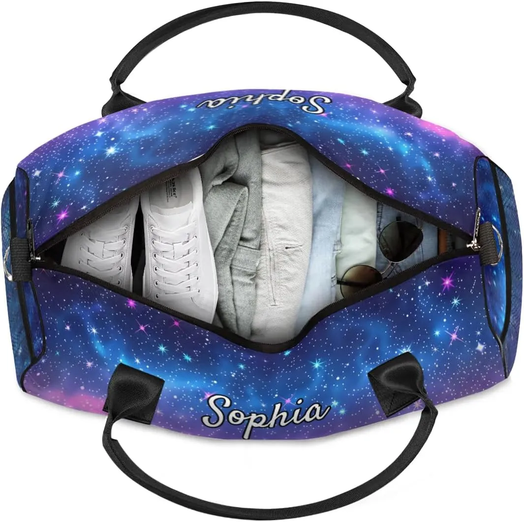 Personalized Cheer Bags for Cheerleaders, Custom Name Sport Duffel Bag Gym Bag Travel Duffle Bag Overnight Weekender Bag Colorful Starry Sky