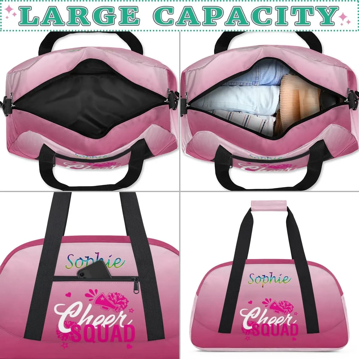 Personalized Cheer Gym Bag, Custom Sport Duffel Bag for Cheerleader, Dance Bag Overnight Weekender Bags Travel Duffel Bag for Women, Dark Pink Gradient Cheer