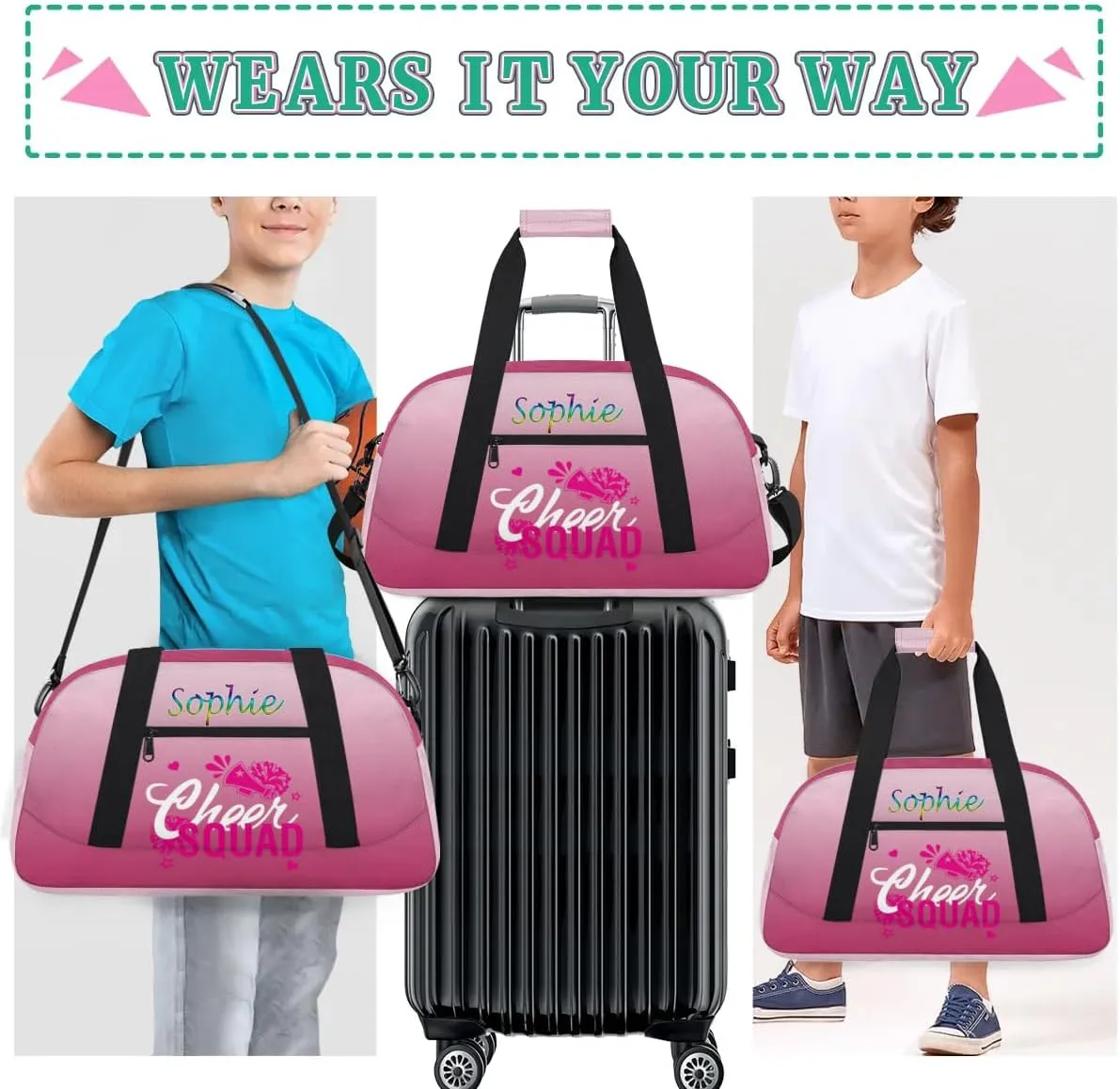 Personalized Cheer Gym Bag, Custom Sport Duffel Bag for Cheerleader, Dance Bag Overnight Weekender Bags Travel Duffel Bag for Women, Dark Pink Gradient Cheer