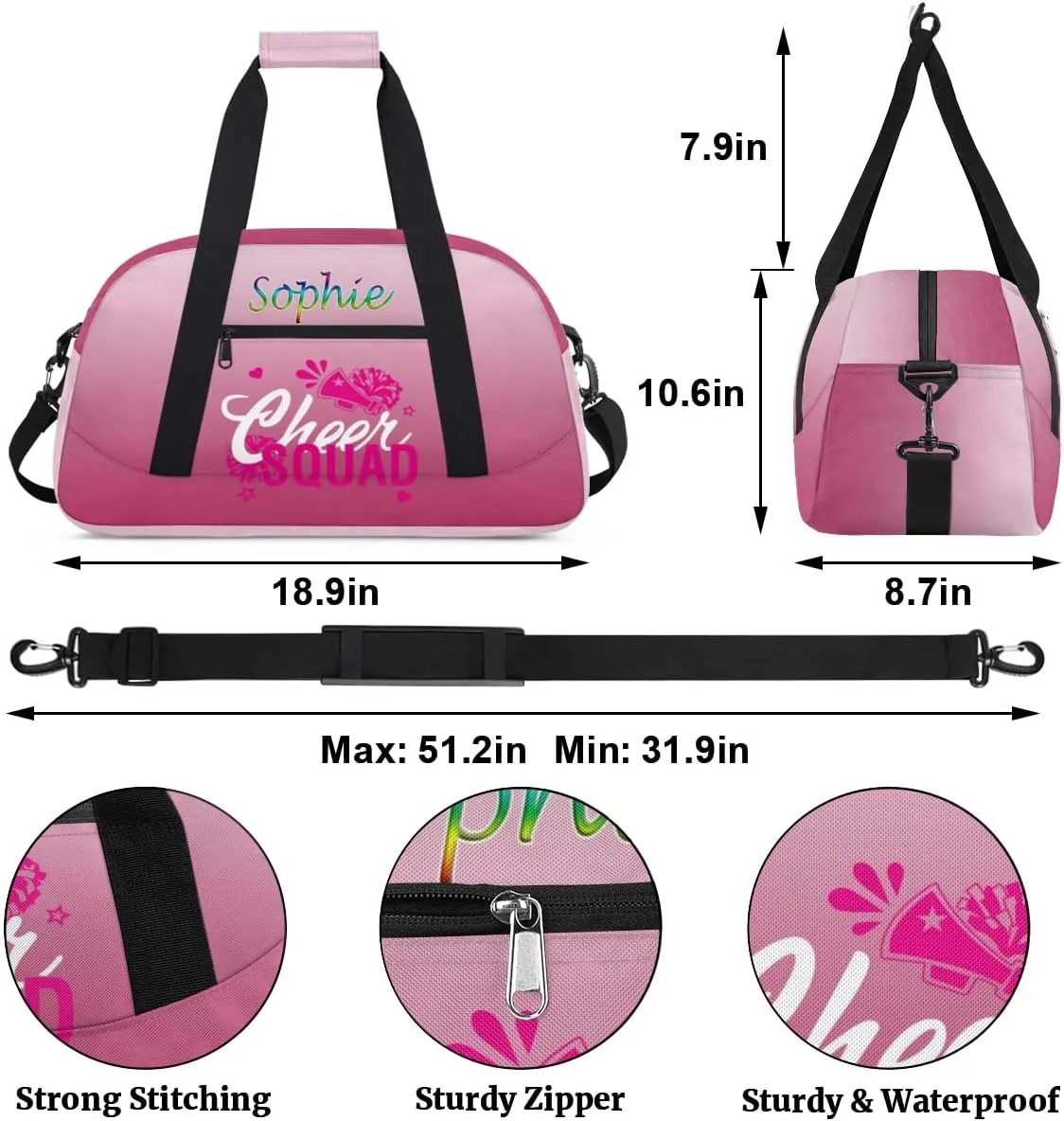 Personalized Cheer Gym Bag, Custom Sport Duffel Bag for Cheerleader, Dance Bag Overnight Weekender Bags Travel Duffel Bag for Women, Dark Pink Gradient Cheer