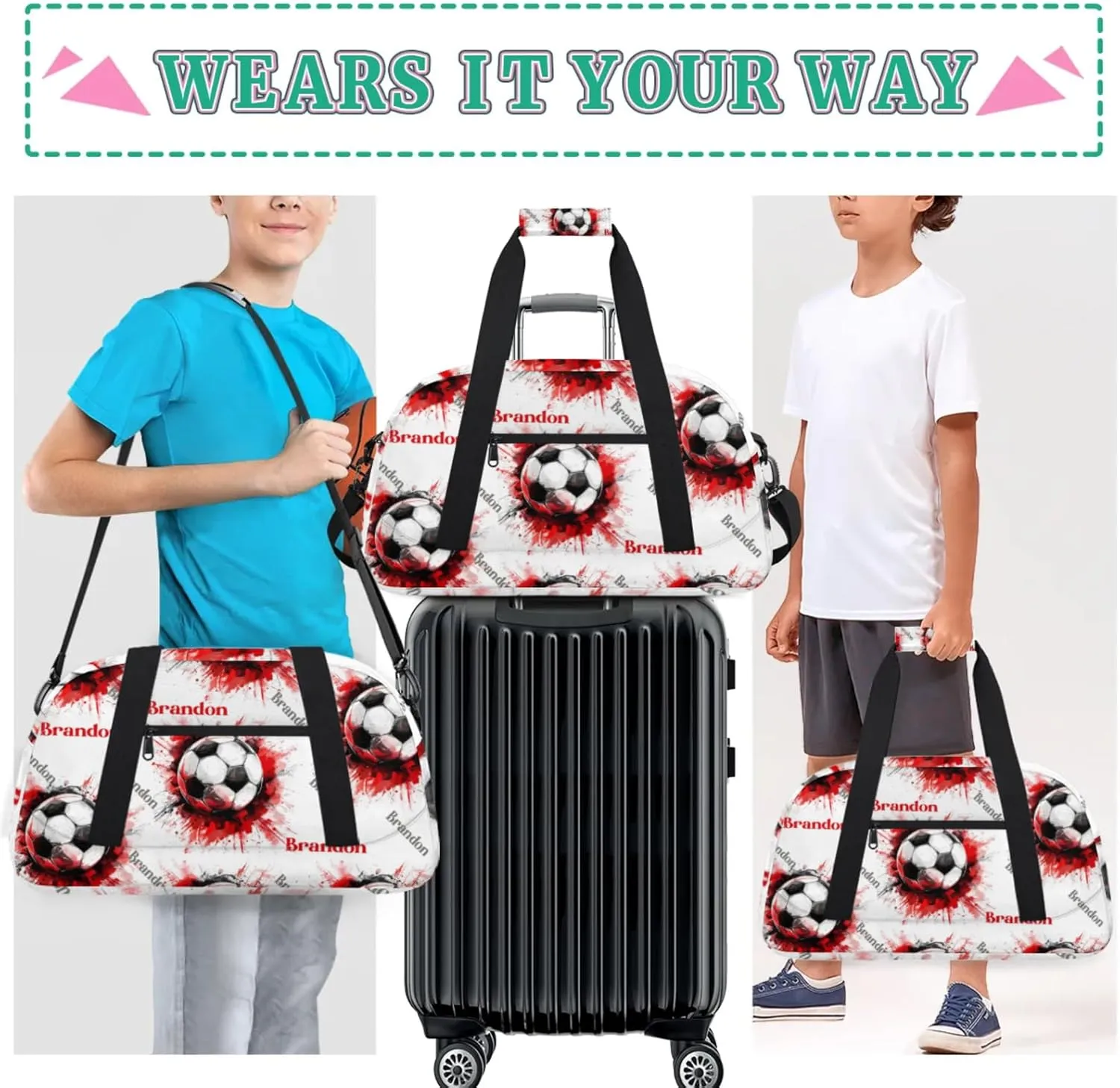 Personalized Duffle-Bag for-Girls-Boys Customized Sports-Bag Carry-On-Bag Gym-Travel-Bag Football-Bag Gymnastics-Bag Black White Red Grey Football Brandon