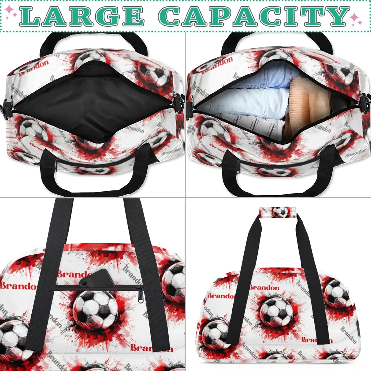 Personalized Duffle-Bag for-Girls-Boys Customized Sports-Bag Carry-On-Bag Gym-Travel-Bag Football-Bag Gymnastics-Bag Black White Red Grey Football Brandon