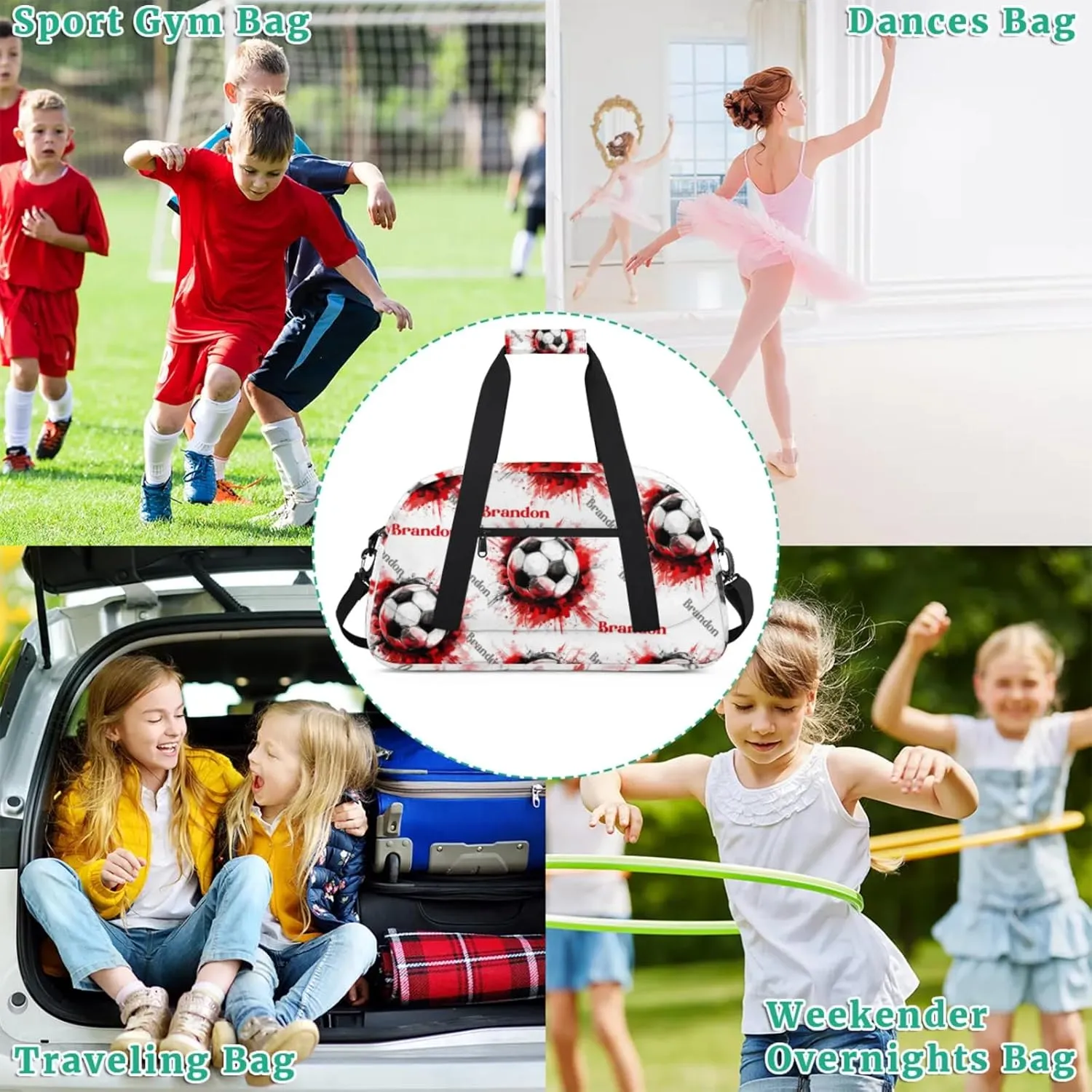 Personalized Duffle-Bag for-Girls-Boys Customized Sports-Bag Carry-On-Bag Gym-Travel-Bag Football-Bag Gymnastics-Bag Black White Red Grey Football Brandon