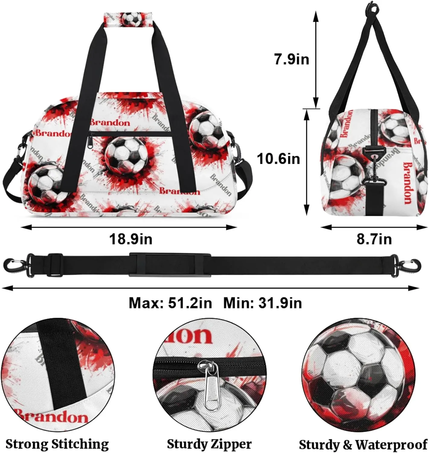 Personalized Duffle-Bag for-Girls-Boys Customized Sports-Bag Carry-On-Bag Gym-Travel-Bag Football-Bag Gymnastics-Bag Black White Red Grey Football Brandon