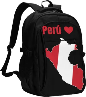 Peruvian Peru Map Flag Business Laptop Backpack Travel Backpacks Outdoor Rucksack Large Bag Daypack with USB Charging Port Multi-Pocket for Hiking Camping