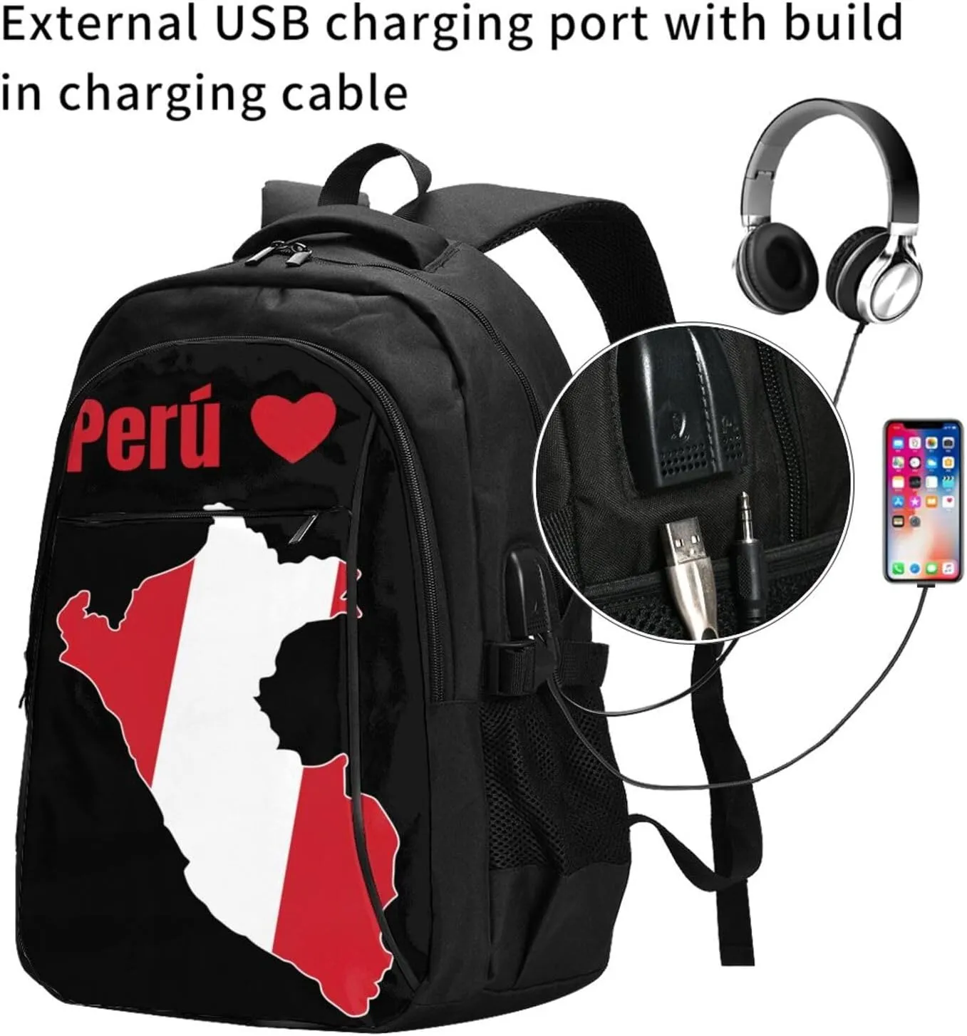 Peruvian Peru Map Flag Business Laptop Backpack Travel Backpacks Outdoor Rucksack Large Bag Daypack with USB Charging Port Multi-Pocket for Hiking Camping