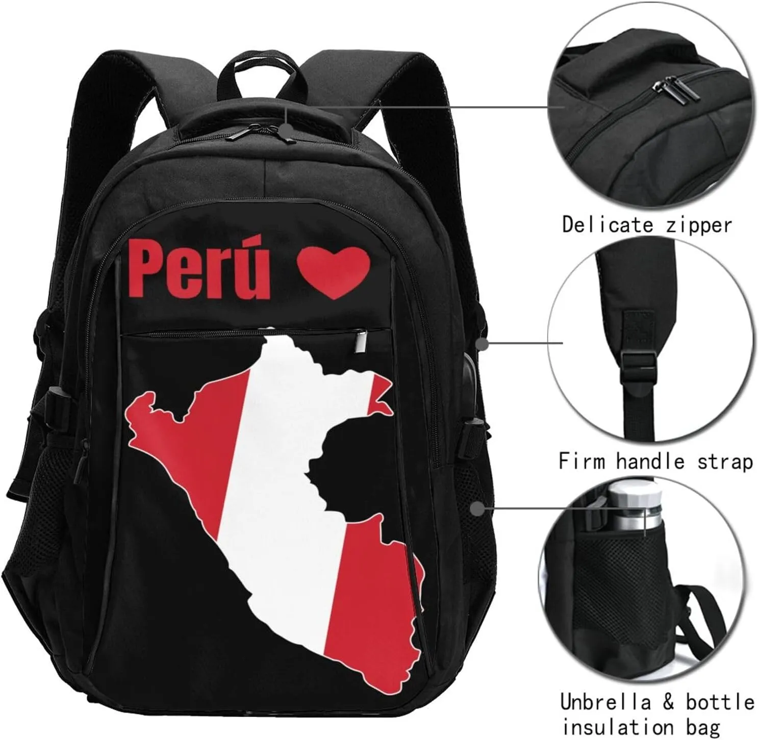 Peruvian Peru Map Flag Business Laptop Backpack Travel Backpacks Outdoor Rucksack Large Bag Daypack with USB Charging Port Multi-Pocket for Hiking Camping