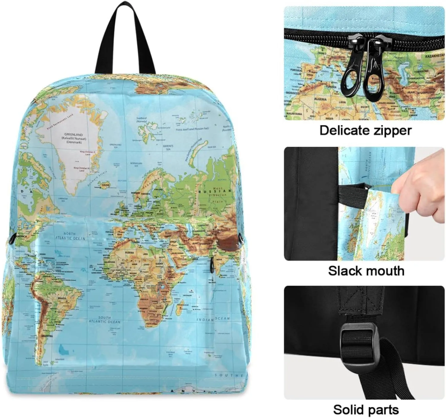 Physical World Map with Labels Large Travel Laptop Backpack Durable Computer Bag for Men Women School Bookbags Work
