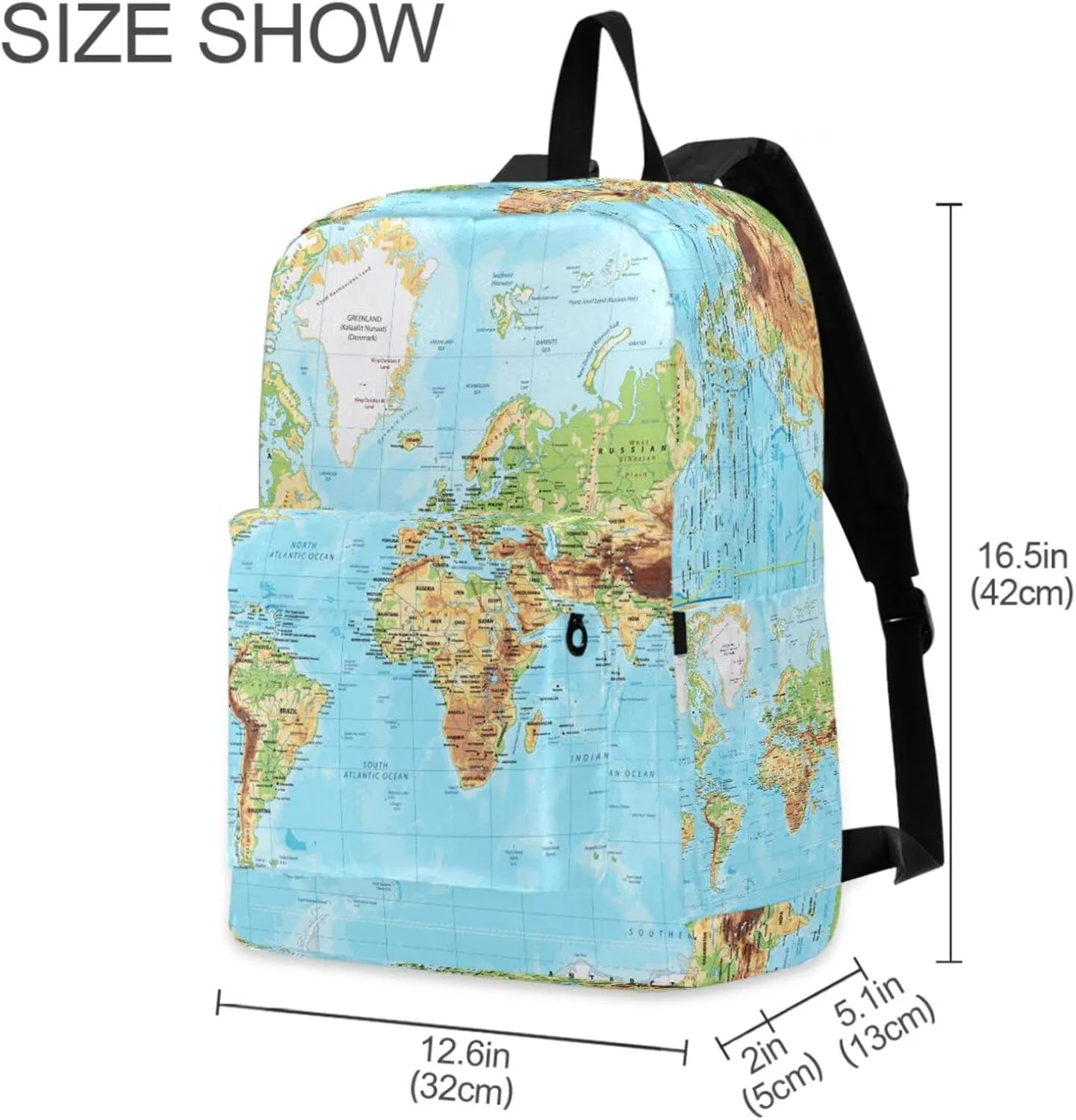 Physical World Map with Labels Large Travel Laptop Backpack Durable Computer Bag for Men Women School Bookbags Work