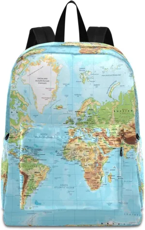 Physical World Map with Labels Large Travel Laptop Backpack Durable Computer Bag for Men Women School Bookbags Work