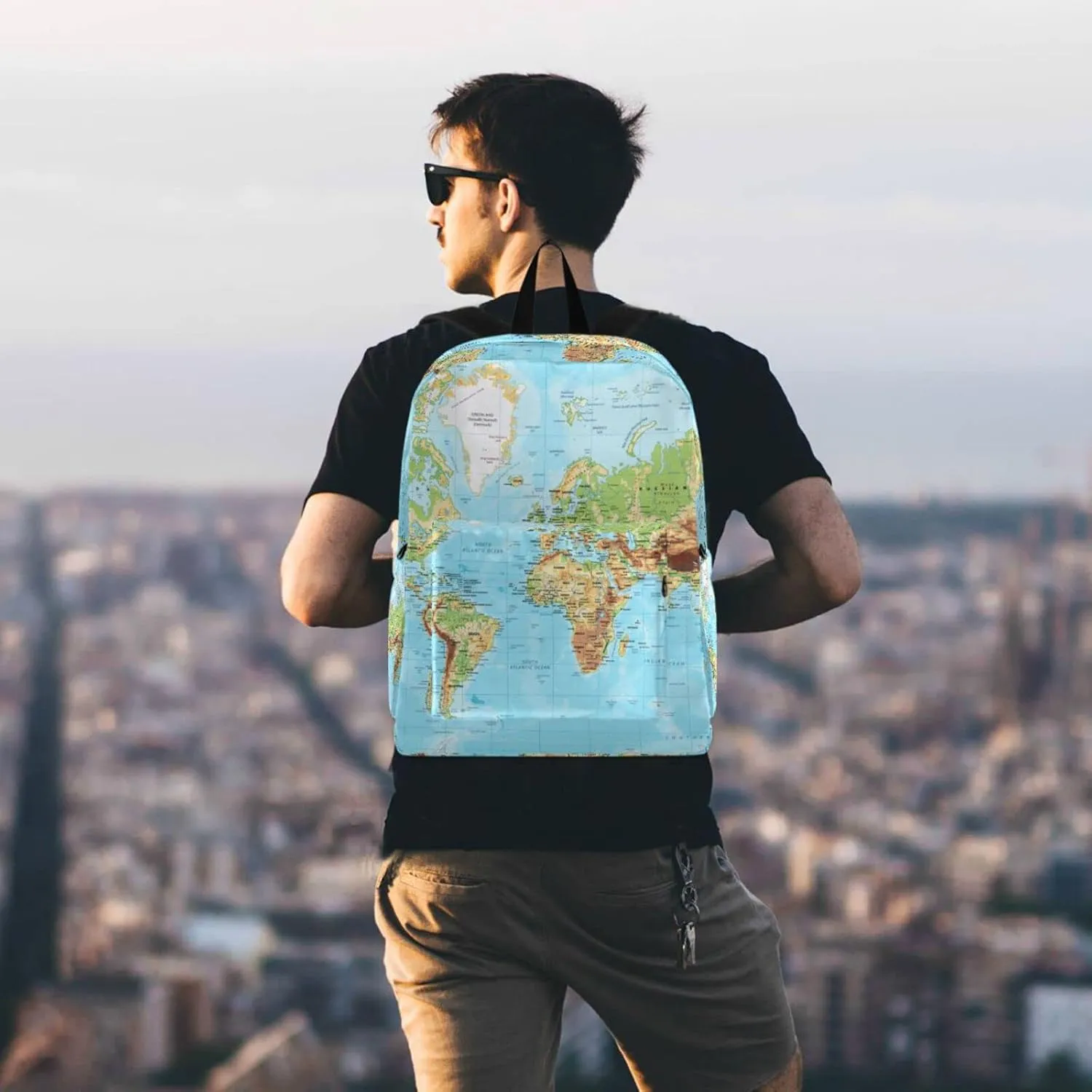 Physical World Map with Labels Large Travel Laptop Backpack Durable Computer Bag for Men Women School Bookbags Work