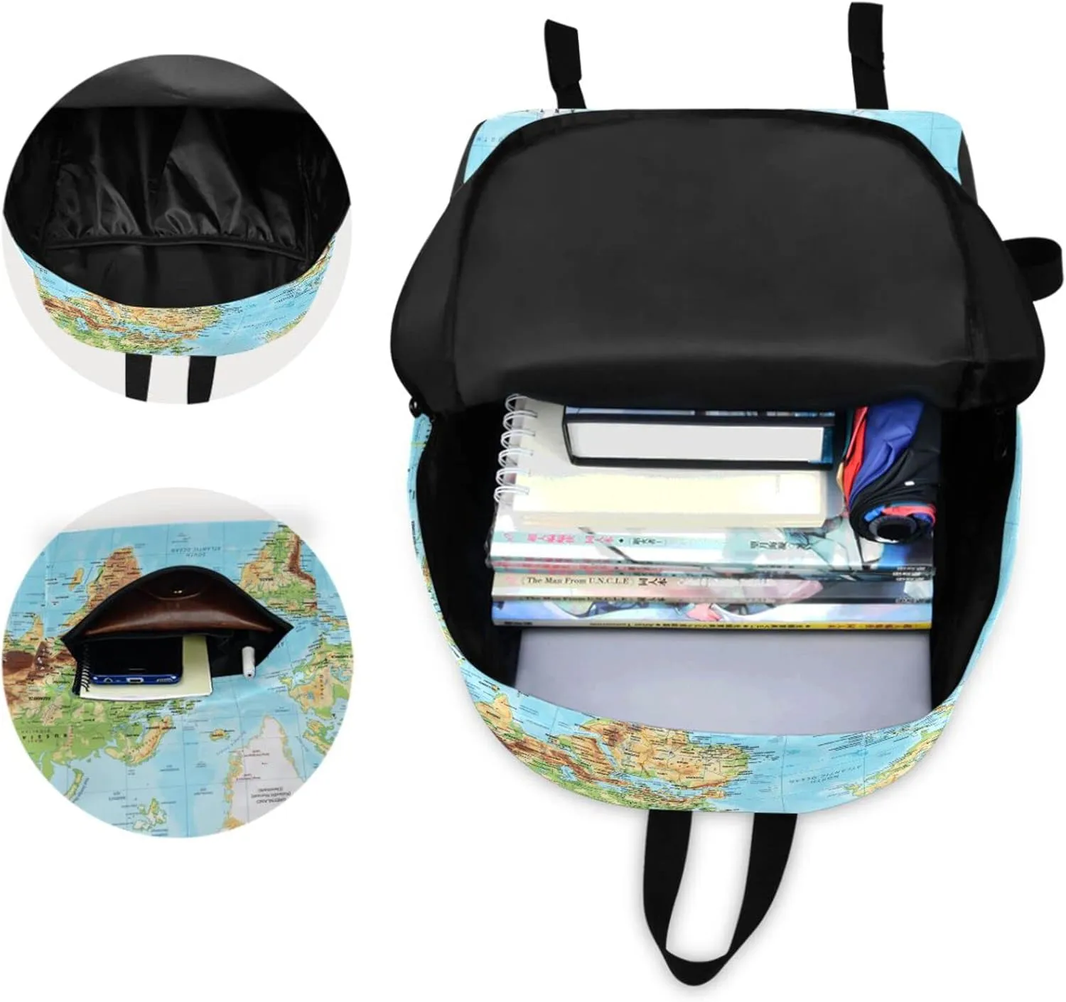 Physical World Map with Labels Large Travel Laptop Backpack Durable Computer Bag for Men Women School Bookbags Work