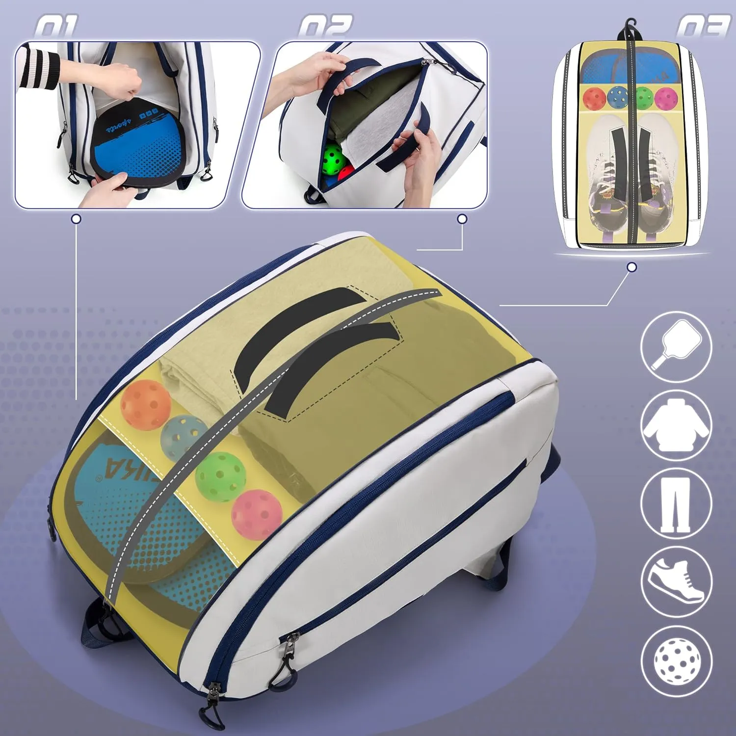 Pickleball Bag Fits 4 Pickleball Paddles, Pickleball Backpack with Laptop Pocket, Shoe Compartment and Fence Hook