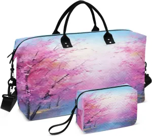 Pink Flowers Path Sports Gym Bag for Women Men Travel Duffel Bag Weekend Overnight Carry on Bag with Toiletry Bag Training Handbag for Hospital Plane Swimming Yoga Workout