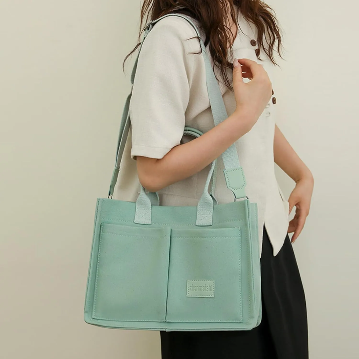 Pink Tote Bags for Women, Laptop Canvas Handbags Large Shoulder Crossbody Bag for Teacher Nurse School Multi Pocket