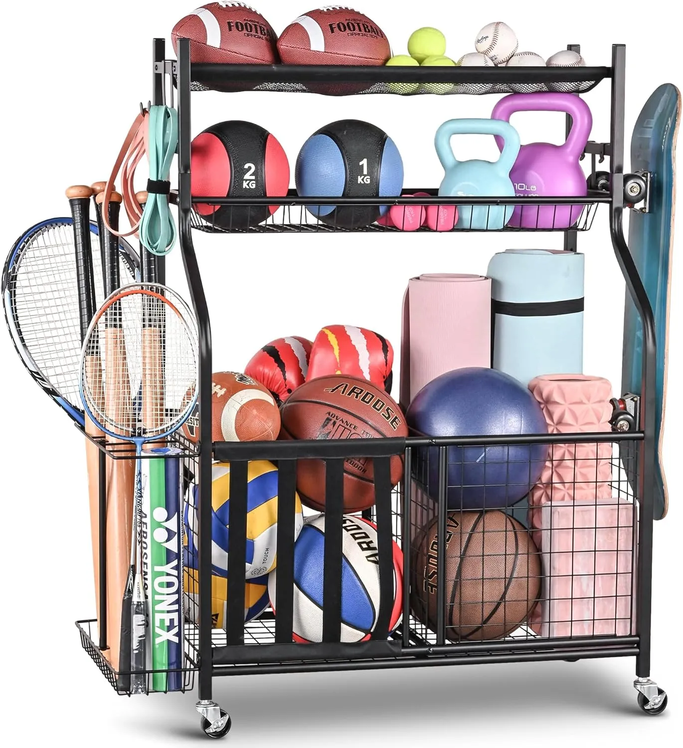 PLKOW Sports Equipment Organizer - Garage Storage Rack with Basket and Hooks, Ball Storage, Toy and Gear Organizer, Black