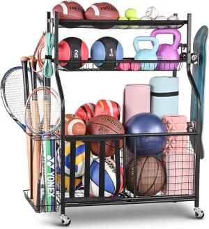 PLKOW Sports Equipment Organizer - Garage Storage Rack with Basket and Hooks, Ball Storage, Toy and Gear Organizer, Black