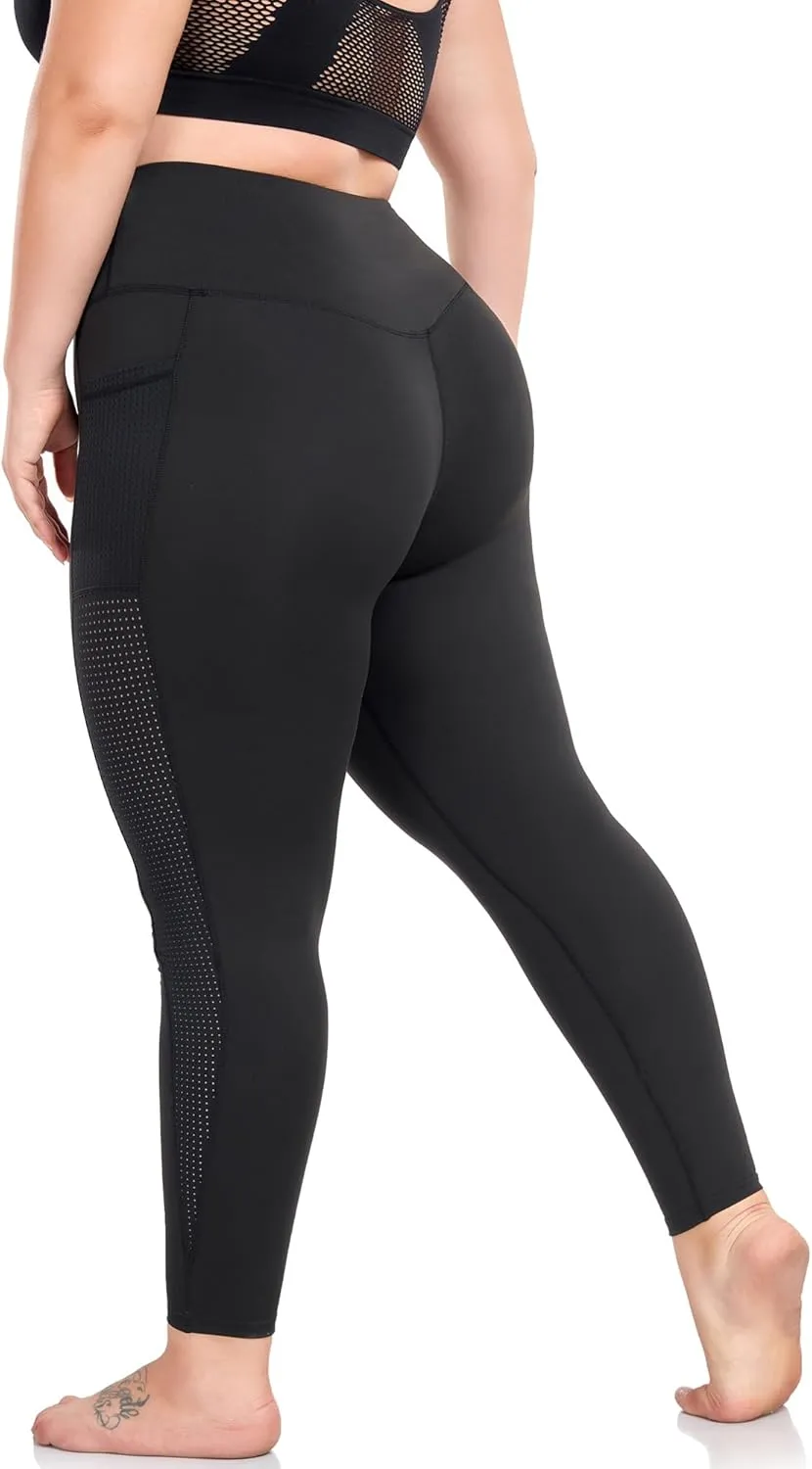 Plus Size Leggings for Women with Pockets Stretchy, L-5XL Tummy Control High Waist Workout Black Mesh Yoga Pants