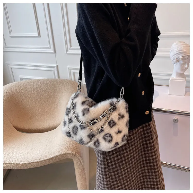 Plush Bag Women's New Winter Fashion Brand Print Fur Bag Shoulder Messenger Bag
