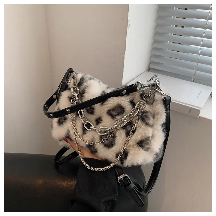 Plush Bag Women's New Winter Fashion Brand Print Fur Bag Shoulder Messenger Bag