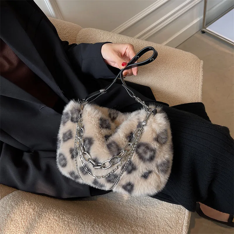 Plush Bag Women's New Winter Fashion Brand Print Fur Bag Shoulder Messenger Bag