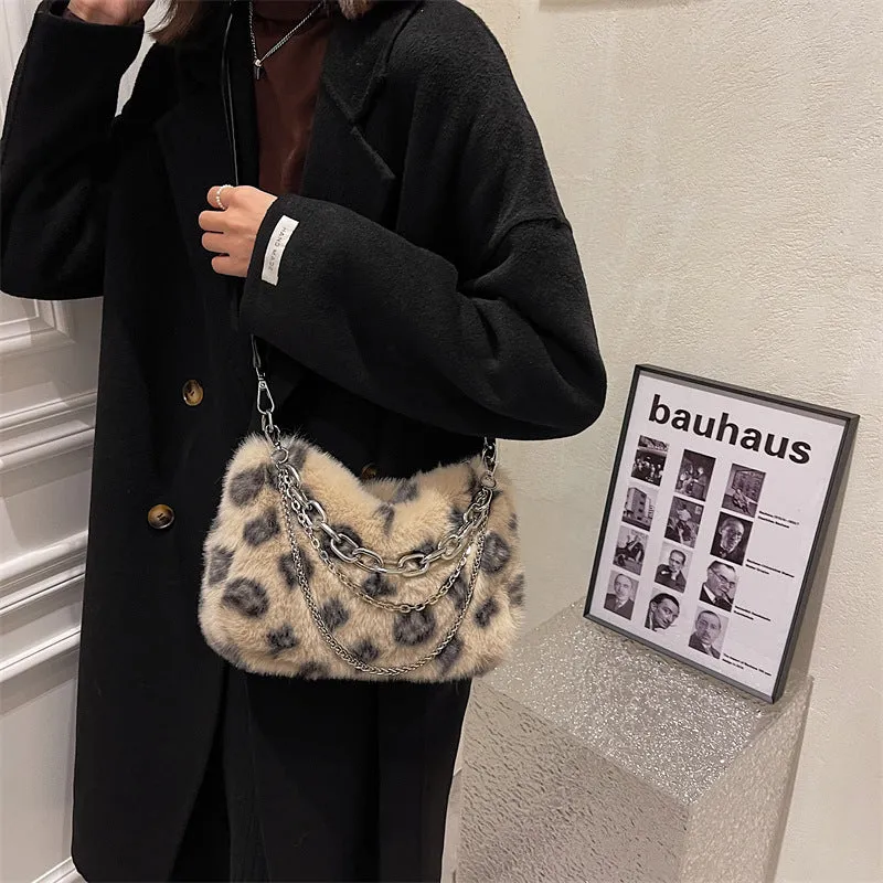 Plush Bag Women's New Winter Fashion Brand Print Fur Bag Shoulder Messenger Bag
