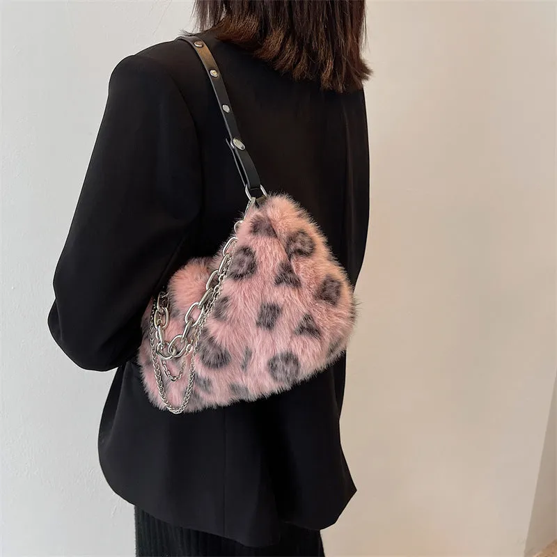 Plush Bag Women's New Winter Fashion Brand Print Fur Bag Shoulder Messenger Bag