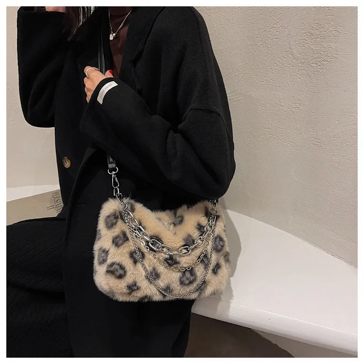 Plush Bag Women's New Winter Fashion Brand Print Fur Bag Shoulder Messenger Bag