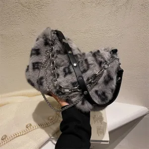 Plush Bag Women's New Winter Fashion Brand Print Fur Bag Shoulder Messenger Bag