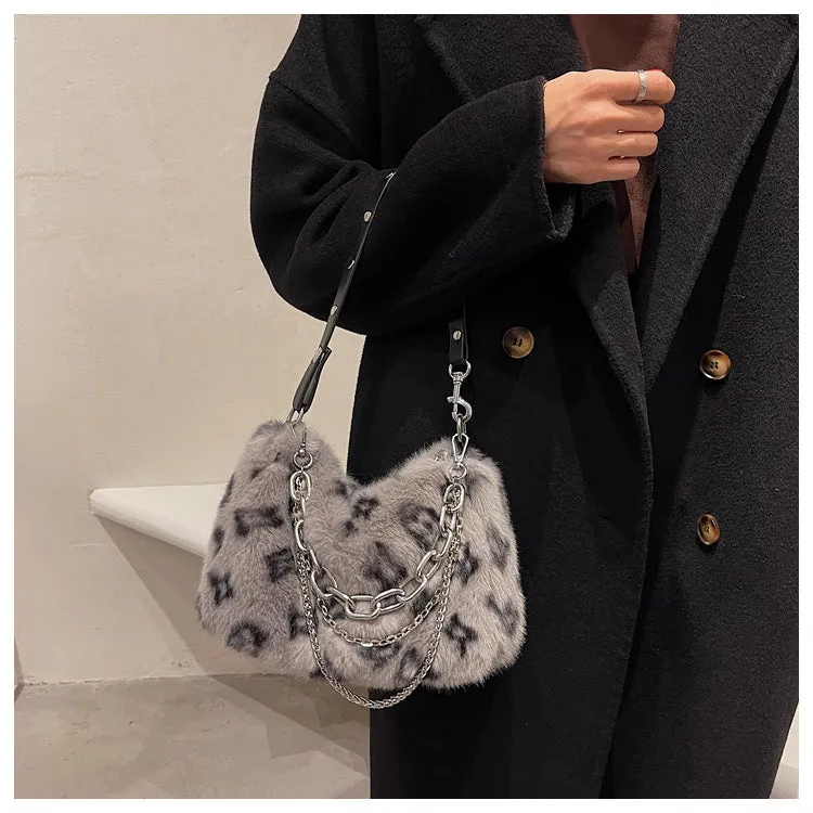 Plush Bag Women's New Winter Fashion Brand Print Fur Bag Shoulder Messenger Bag