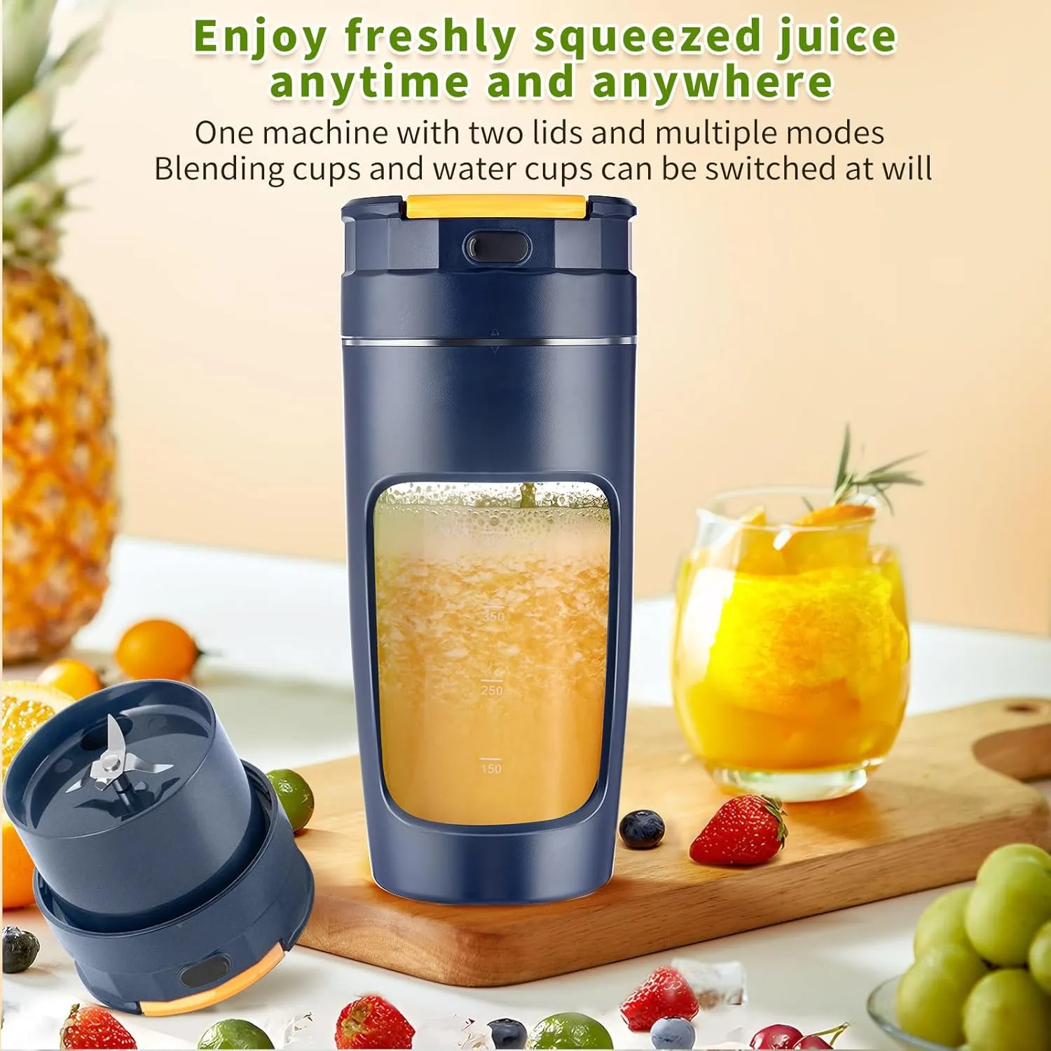 Portable 600ml USB Blender Cup - High-Speed Rechargeable for Shakes, Smoothies & Juices, Travel-Size with Multi-Blade (Dark Blue)