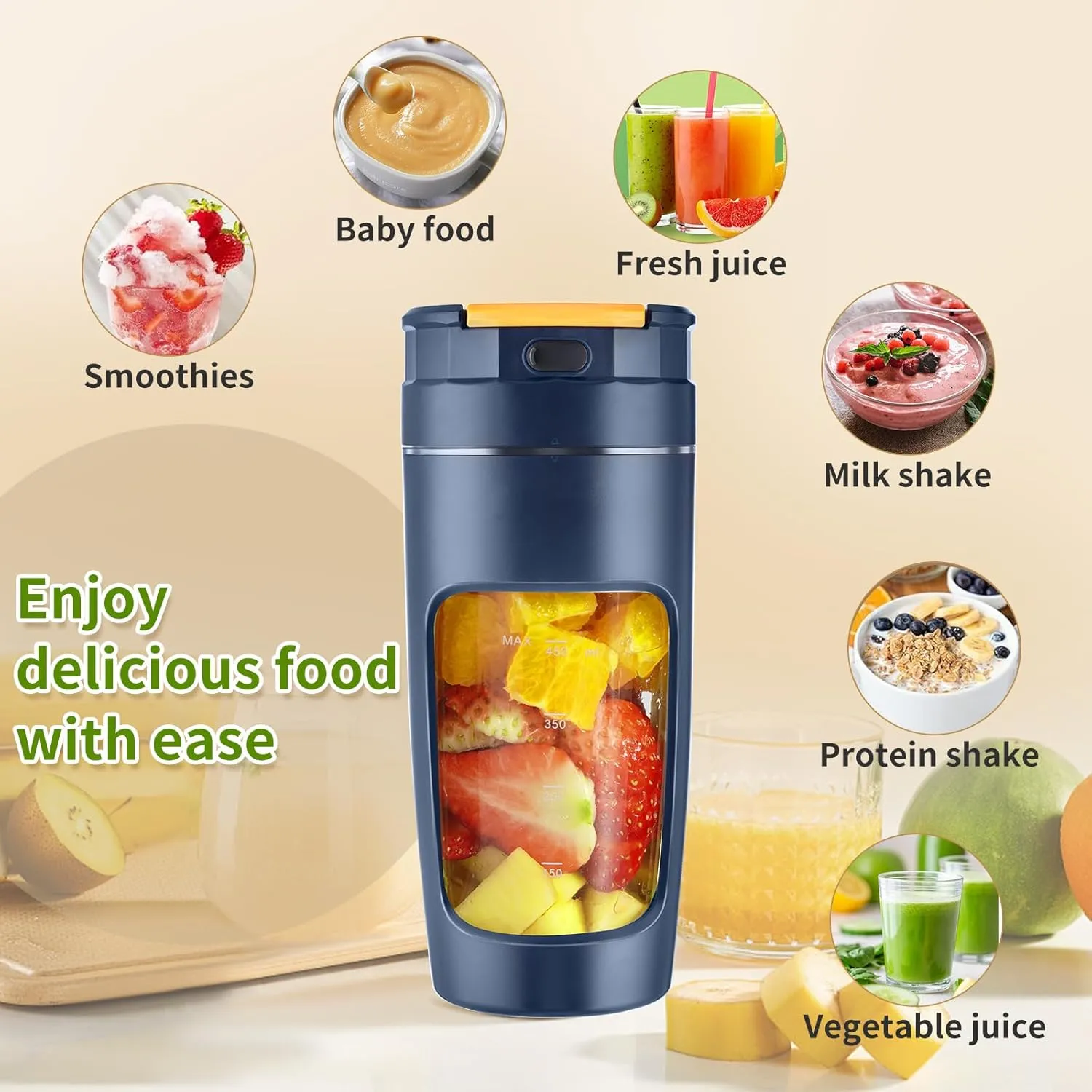 Portable 600ml USB Blender Cup - High-Speed Rechargeable for Shakes, Smoothies & Juices, Travel-Size with Multi-Blade (Dark Blue)