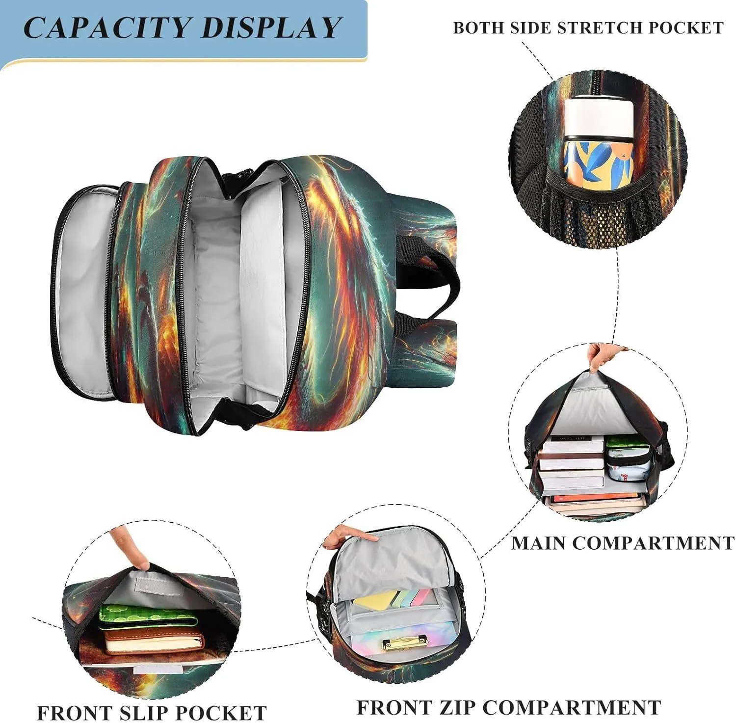 Primary Middle School Backpack Kids Book Bags for Boys Girls Sturdy Waterproof Daypack Fire Dragon Abstract