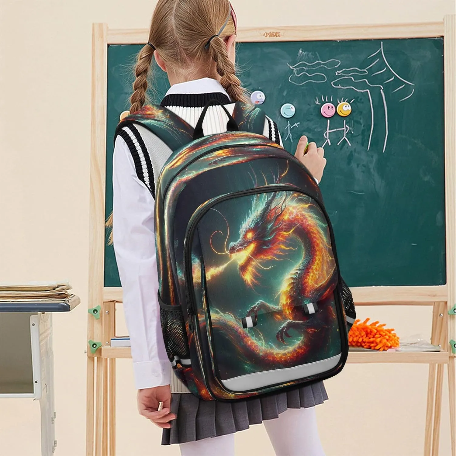 Primary Middle School Backpack Kids Book Bags for Boys Girls Sturdy Waterproof Daypack Fire Dragon Abstract