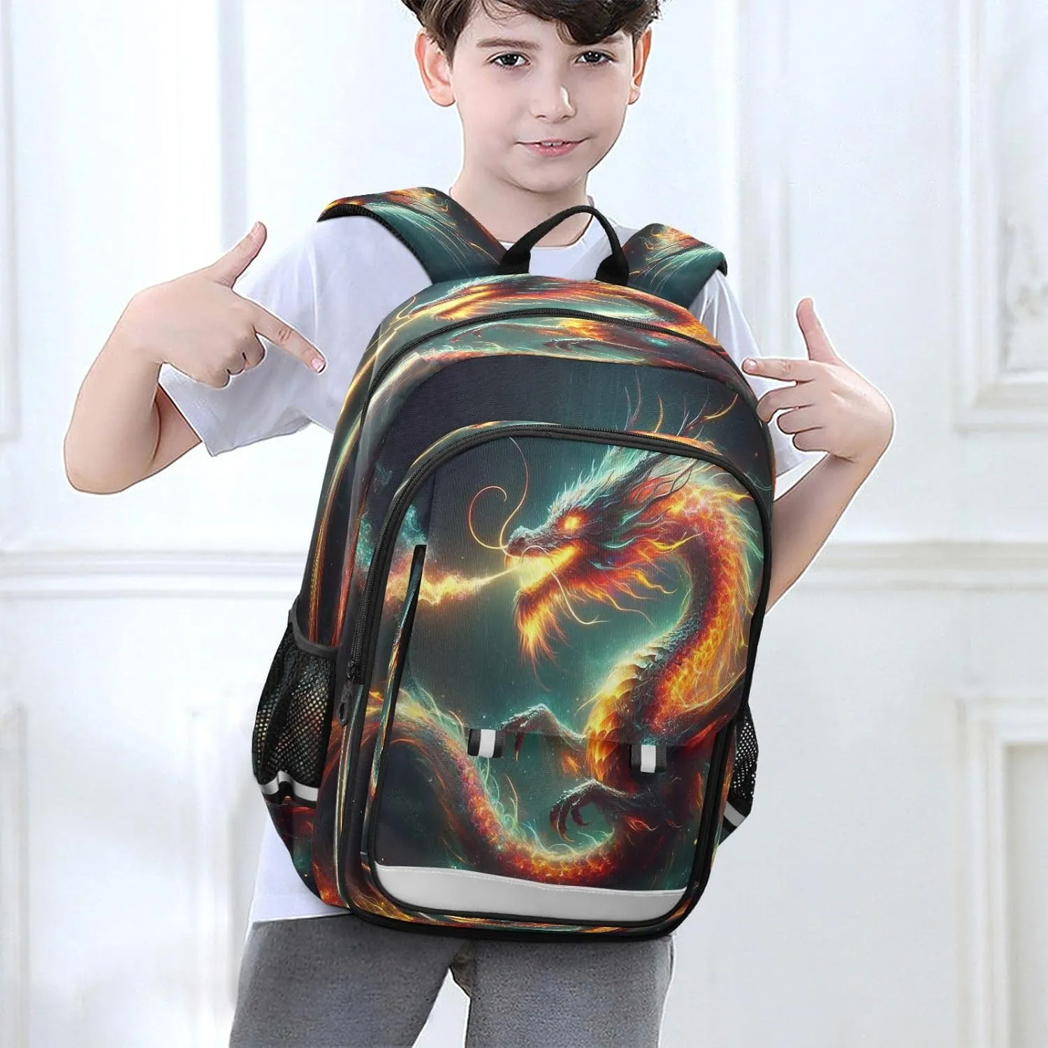 Primary Middle School Backpack Kids Book Bags for Boys Girls Sturdy Waterproof Daypack Fire Dragon Abstract