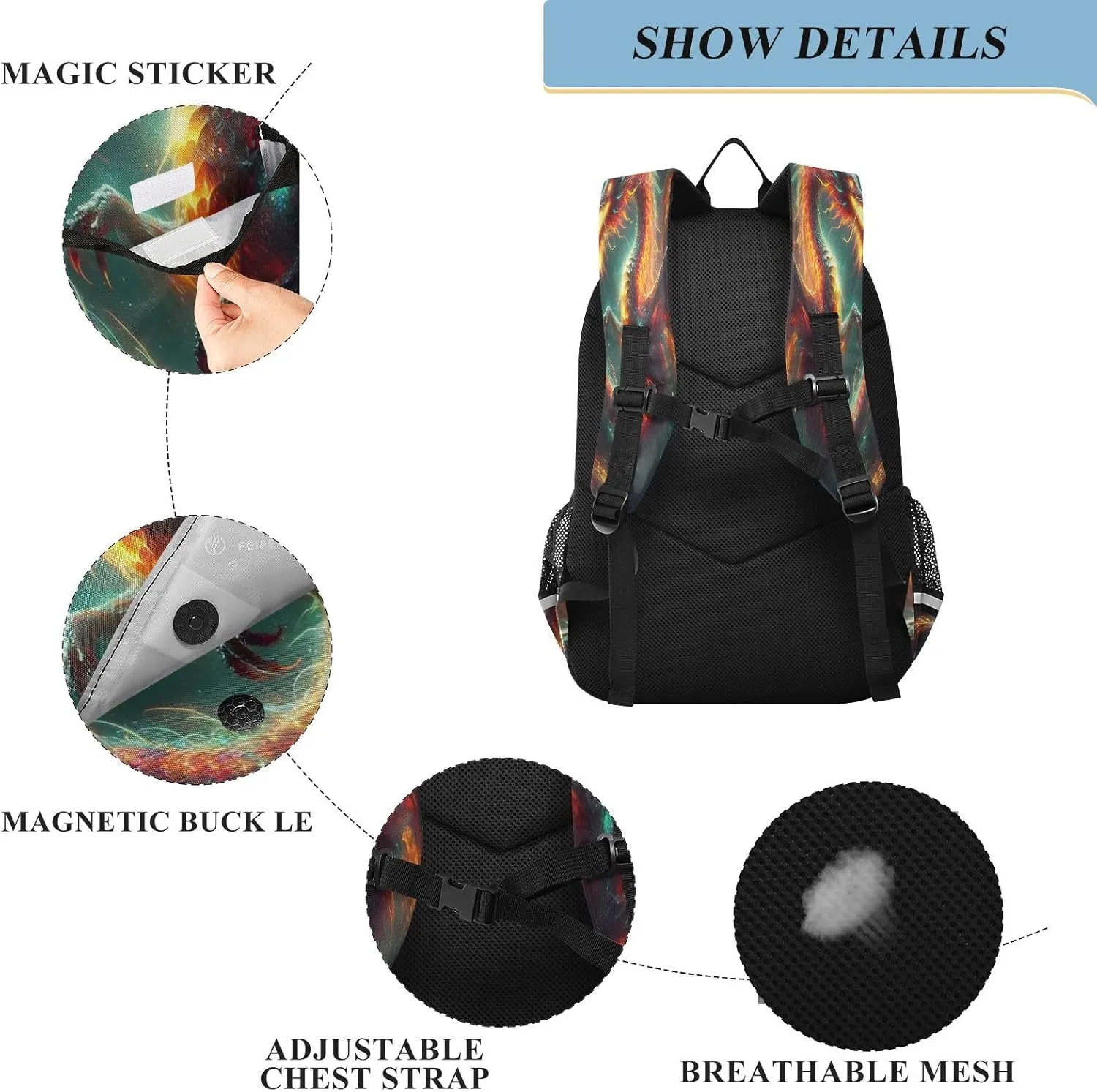 Primary Middle School Backpack Kids Book Bags for Boys Girls Sturdy Waterproof Daypack Fire Dragon Abstract
