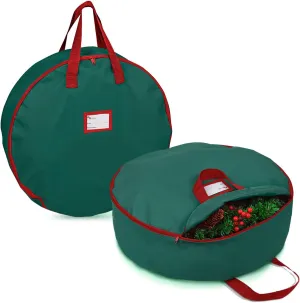 Primode Christmas Wreath Storage Bag 24",2 Pack Artificial Wreath Container,Garland Holiday Xmas Wreaths Holder,Sturdy Handles,Inner Straps,Card Slot Dual Zipper Strong Oxford (24 Inch, Green)