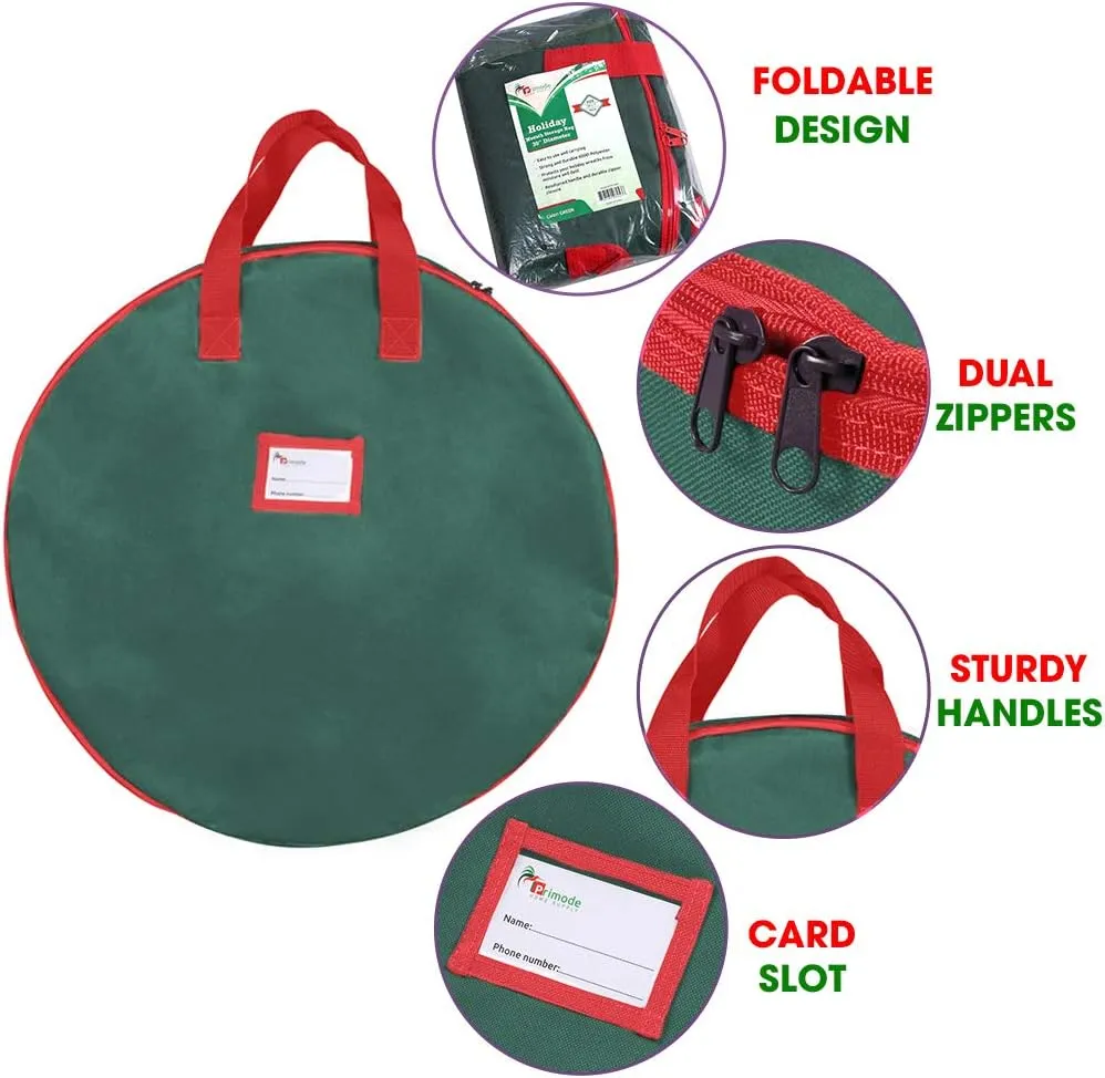 Primode Christmas Wreath Storage Bag 24",2 Pack Artificial Wreath Container,Garland Holiday Xmas Wreaths Holder,Sturdy Handles,Inner Straps,Card Slot Dual Zipper Strong Oxford (24 Inch, Green)