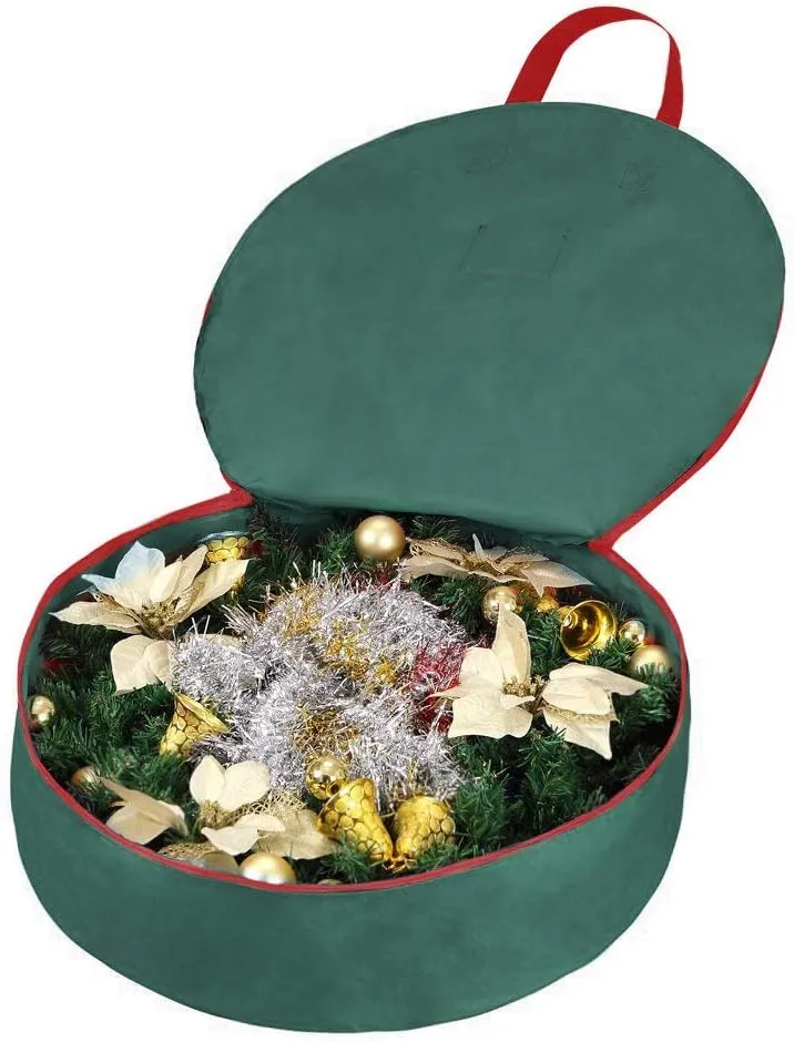 Primode Christmas Wreath Storage Bag 24",2 Pack Artificial Wreath Container,Garland Holiday Xmas Wreaths Holder,Sturdy Handles,Inner Straps,Card Slot Dual Zipper Strong Oxford (24 Inch, Green)