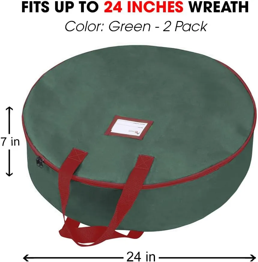 Primode Christmas Wreath Storage Bag 24",2 Pack Artificial Wreath Container,Garland Holiday Xmas Wreaths Holder,Sturdy Handles,Inner Straps,Card Slot Dual Zipper Strong Oxford (24 Inch, Green)